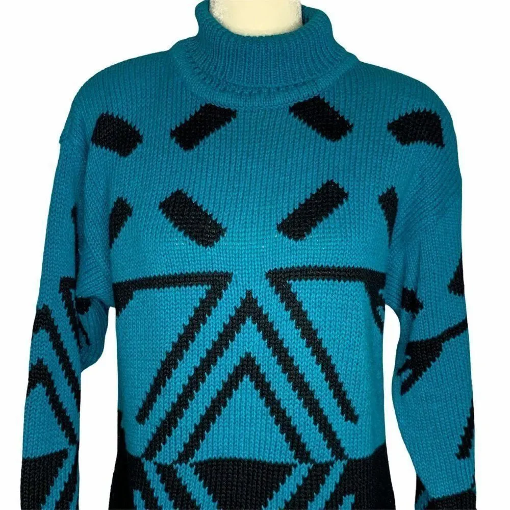 Vintage Mock Neck Chunky Knit Sweater S Blue Black
